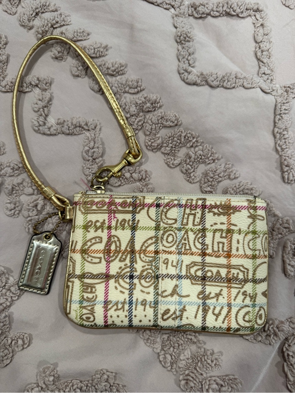 Coach Multicolor Signature Plaid Cream Wristlet with Gold Strap
